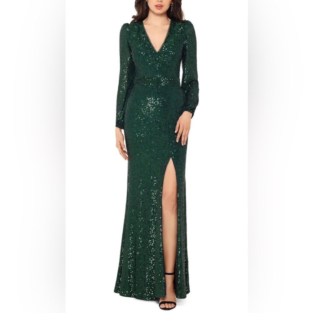 Xscape Sparkling Green Long Sleeve Gown